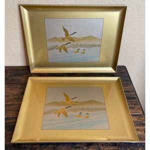 Vintage Otagiri Gold Duck Laquerware Lot of 2 Small Serving Trays Japan
